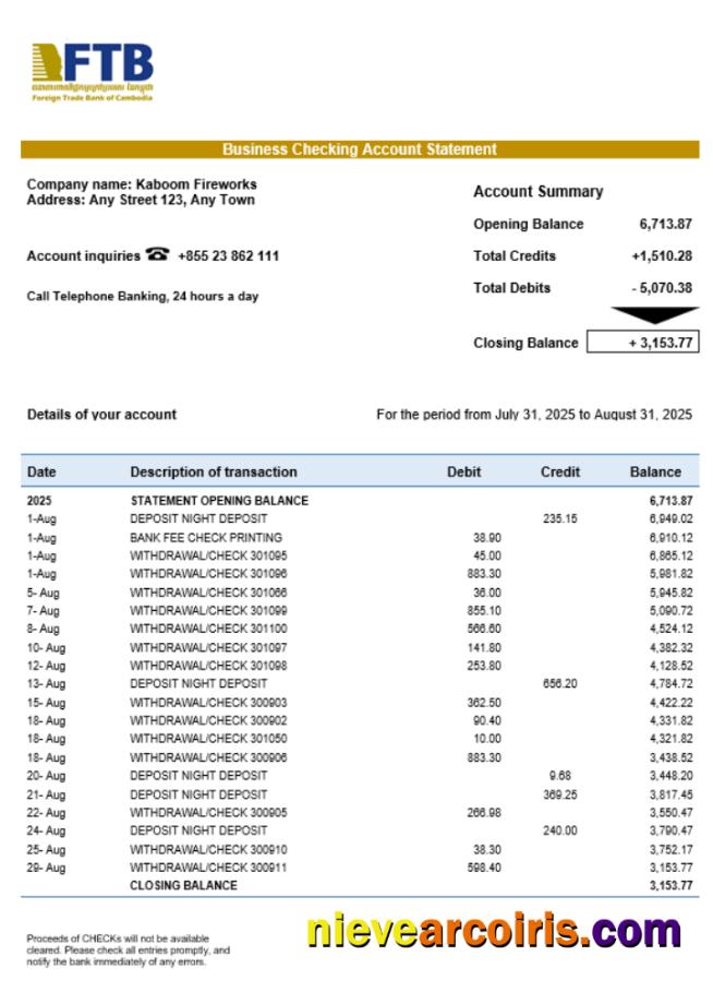 Foreign Trade Bank of Cambodian business bank statement
